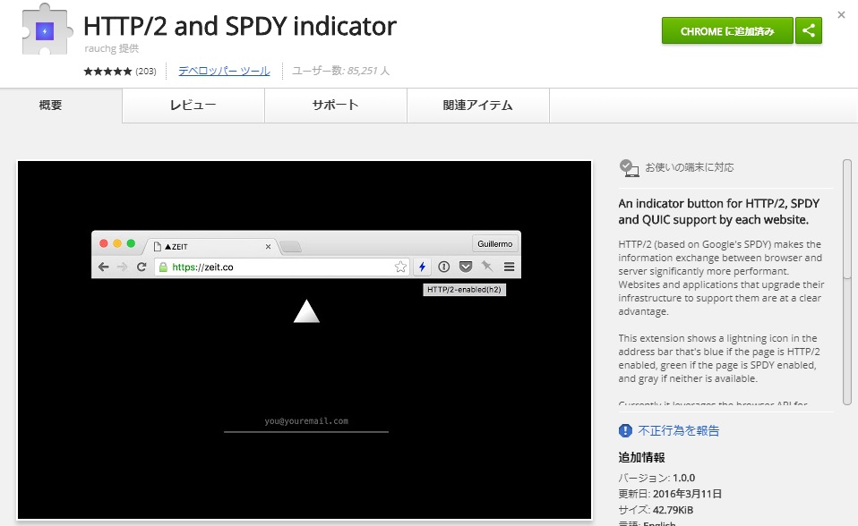 Chromeの拡張機能「HTTP/2 and SPDY indicator」
